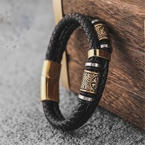Gold Black Leather Viking Bracelet